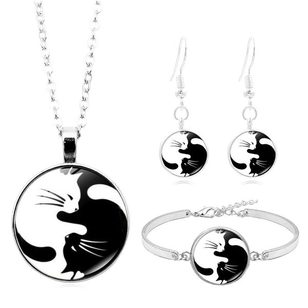 

black and white yin yang cat p cabochon glass jewelry set silver fashion necklace bracelet earring jewelry sets for women