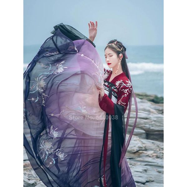 

chinese traditional clothing hanfu dress for women ancient folk dance stage performance flower embroidered fairy gradient skirts, Black;red