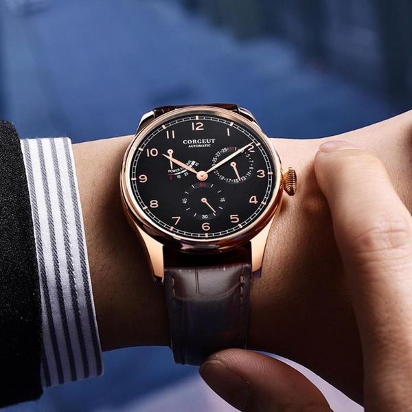 

corgeut watch 42mm fashtion mens seagull automatic mechanical wristwatches power reserve date waterproof 316l stainless steel, Slivery;brown