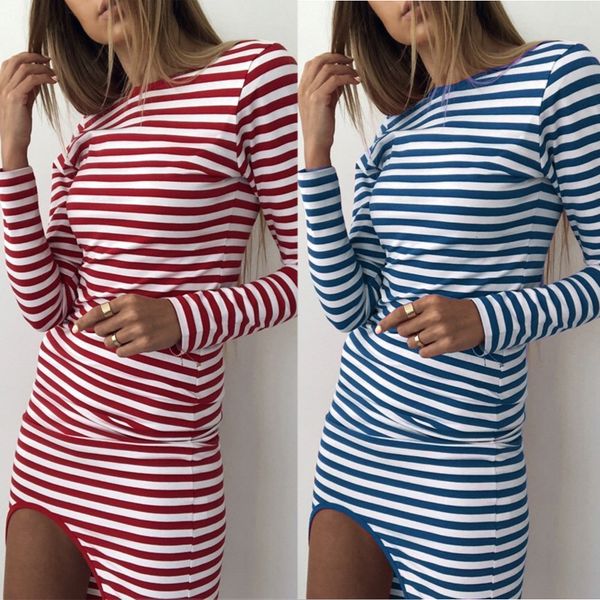 

collar long round sleeves irregular stripe dress, Red;white