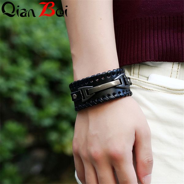 

qianbei sell 100% hand-woven fashion jewelry wrap multilayer leather braided rope wristband men bracelets for women, Black
