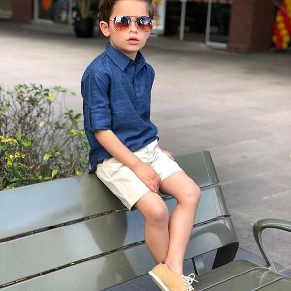 

fashion kid toddler baby boy solid button long sleeve t-shirt short pants gentleman summer clothes set, White