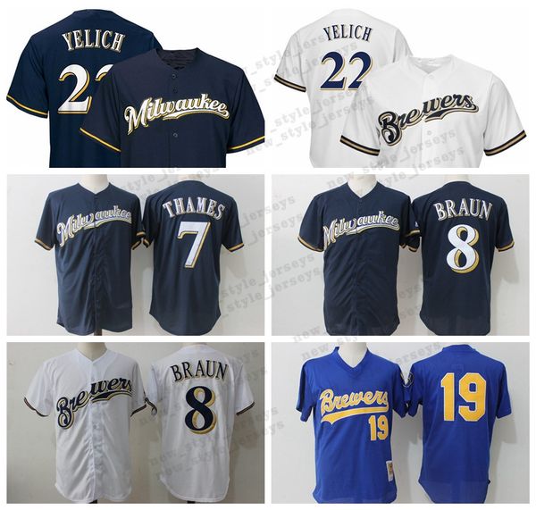 

Yelich Milwaukee 22 Christian Yelich 2019 Men Brewers jersey 19 Robin Yount 7 Eric Thames 8 Ryan Braun Baseball Jerseys