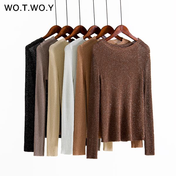 

wotwoy 2019 autumn winter shiny lurex basic sweaters women o-neck long sleeve thin slim pullovers female casual knitted, White;black
