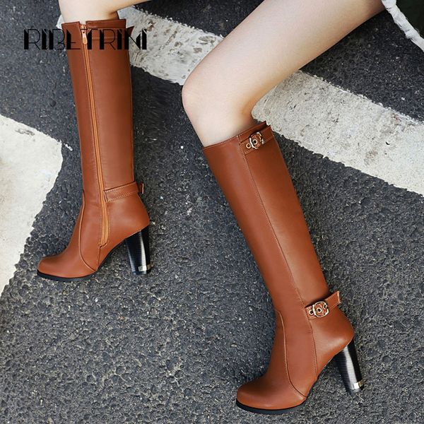 

ribetrini 2019 new women knee boots retro high heel shoes woman round toe platform motorcycle boots big size 34-43, Black