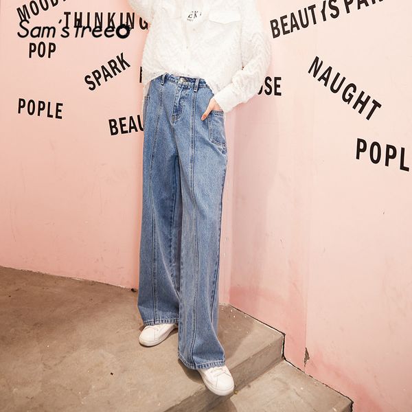 

sam's tree blue solid high waist straight washed casual jeans women 2020 spring pure minimalist korean ladies daily trousers