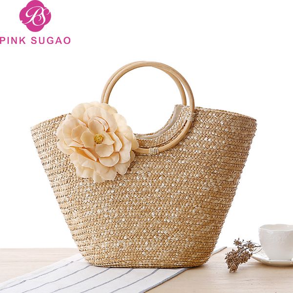 

pink sugao designer luxury handbags purses women tote bags flower beach bag 2019 new fashion wheat-straw handbags factory wholsales tote bag