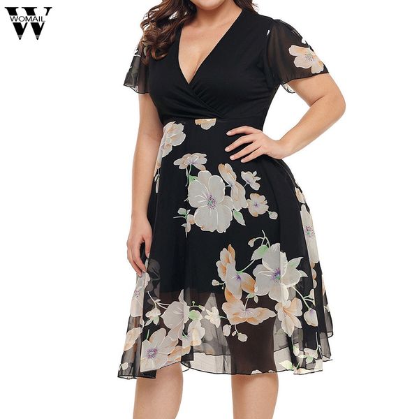 

large dress fashion women plus size chiffon v neck short sleeve dress floral dresses dropship jan14, Black;gray