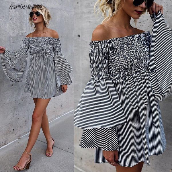 

womens dress holiday off shoulder stripe party ladies casual dress long sleeve designer polyester dress women jul19 bohe clothes, Black;gray