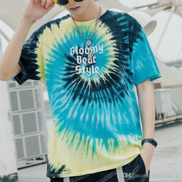 

20ss new tie dye streetwear mens tshirts o шея сыпучей вскользь лето тенниска негабаритного с коротким рукавом пар футболка, White;black