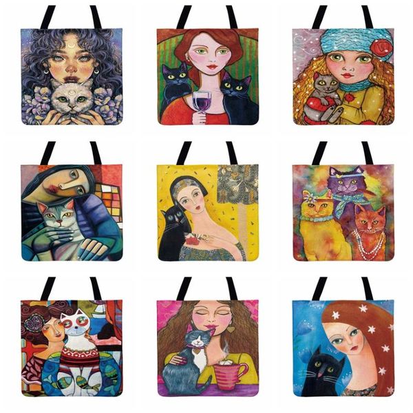 

ladies shoulder bags cute cat with girls painting print tote bag for women casual totes fashion shopping bag outdoor beach