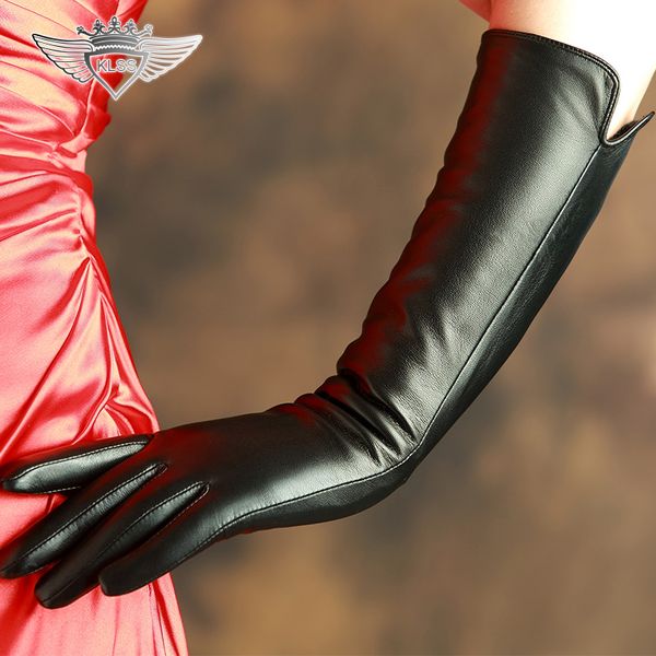 

klss enuine leather women gloves goatskin gloves fashion black elegant lady 40cm long sheepskin x210, Blue;gray