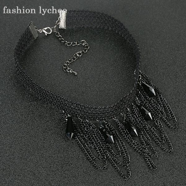 

fashion lychee gothic retro black rhinestone crystal lace choker necklace women party night club fashion jewelry, Silver