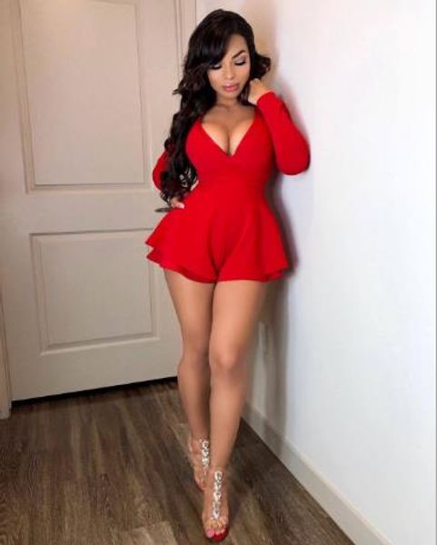 

2019 fashion solid color deep v jumpsuit casual pants, Red