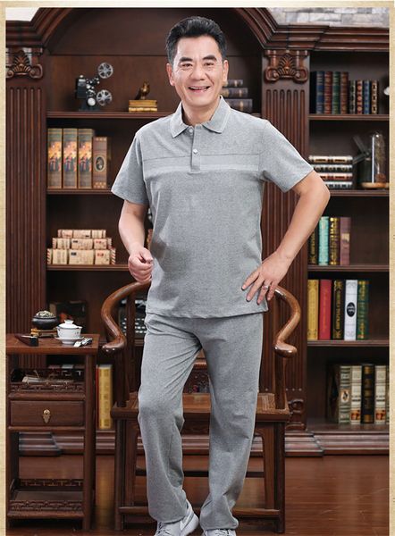 

Summer Solid Middle Aged Mens Sport Tracksuits Lapel Neck Pullover With Button Polo Mens 2PCS Sets