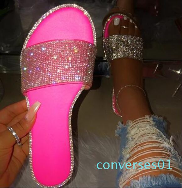 

rhinestone slippers 2019 new women fashion wild beach flip flop bright diamond flat bottom outdoor wild student sandals xshfbcl co01, Black