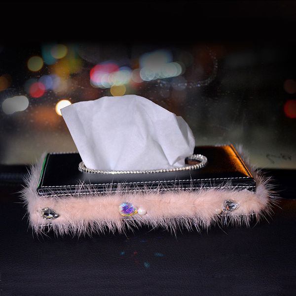 

plush feather car tissue box rhinestone crystal auto tissue holder block-type box car styling decoration for women girls