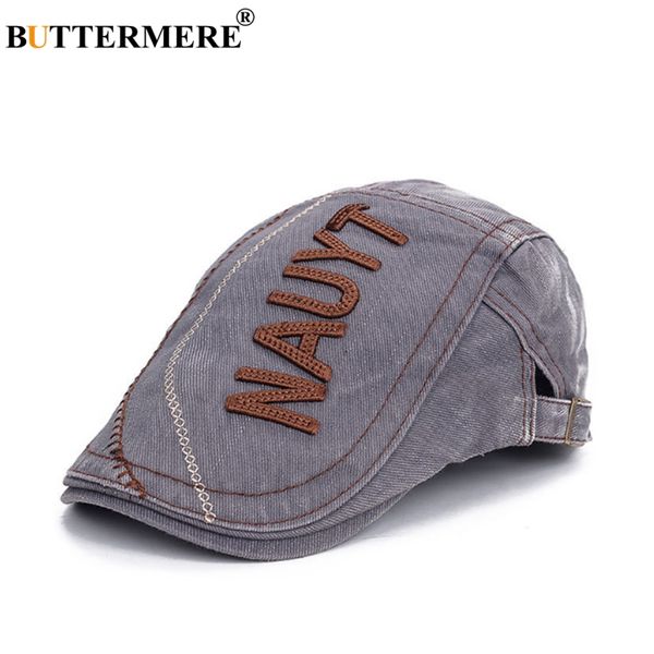 

buttermere embroidery beret men grey washed denim flat cap hat male classic duckbill letter spring autumn retro driving ivy caps, Blue;gray