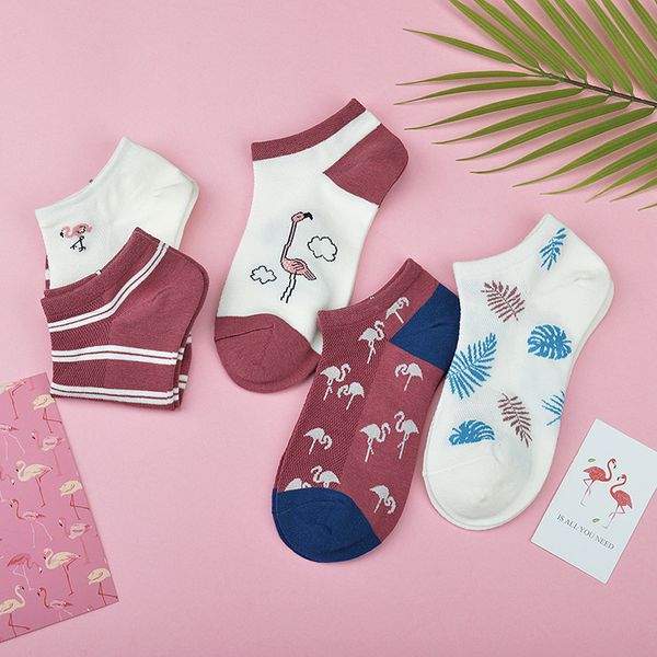 

5 pairs/lot summer flamingo creativity cartoon harajuku kawaii korean gifts for women cotton socks cute funny happy kawaii socks, Black;white