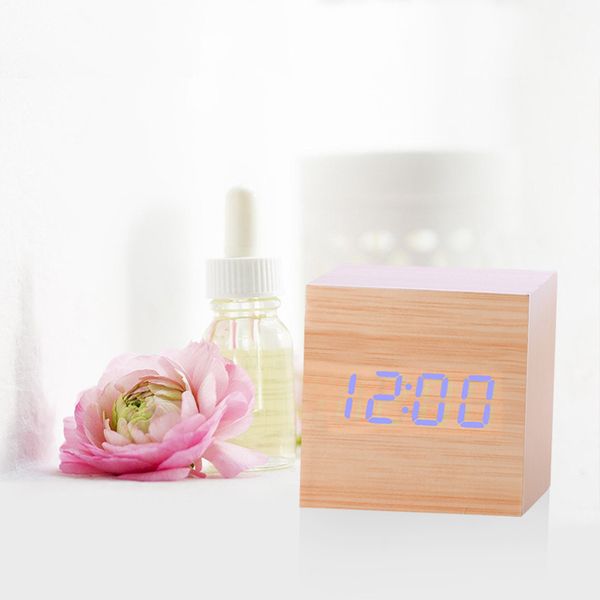 

qualified digital wooden led alarm clock wood retro glow clock desktable decor voice control snooze function desk tools #r15