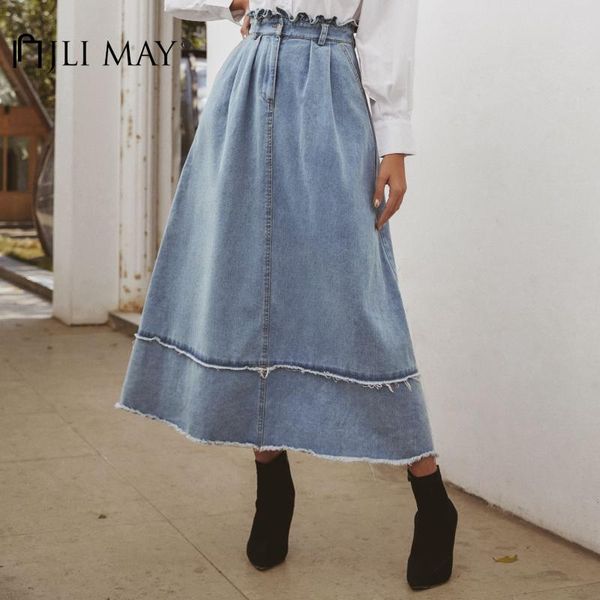 

jli may women's skirt denim solid high waist patchwork ruffles washes a-line loose long skirts streetwear, Black