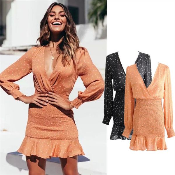 

sexy v-образным вырезом плиссированные платья женщин с длинным рукавом русалка мини-платье vintage упругой талии вечернее платье, White;black