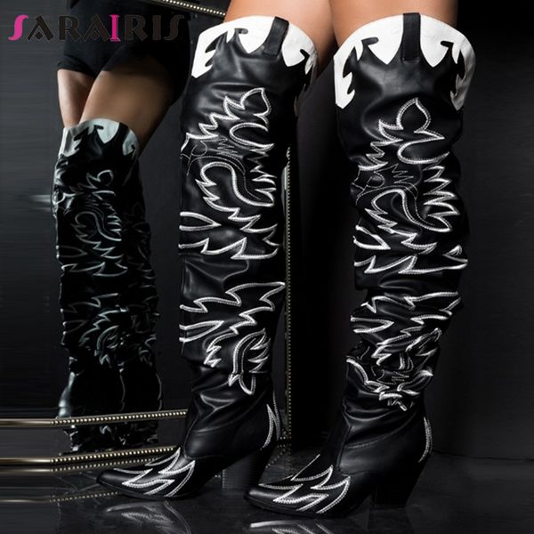 

sarairis fashion lady brand sewing snake veins prints over the knee boots women high heels shoes women ins shoes woman, Black