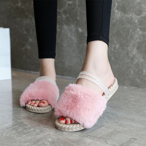 

women 's winter warm fur plush slipper ladies open toe indoor flip flop female ankle strap flat platform woman casual shoes, Black