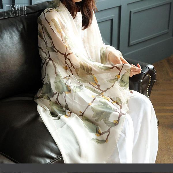 

2018 новая мода ручной работы магнолия узор длинный шарф 100% шелк отдых пляж солнцезащитный крем защита большой платок, Blue;gray