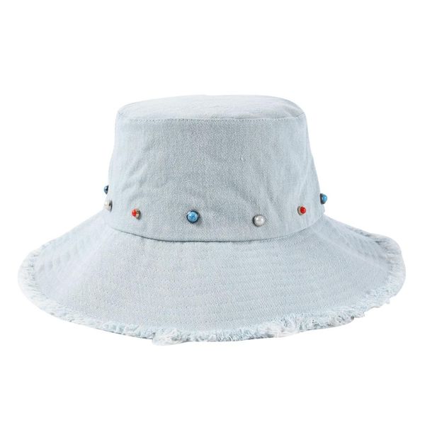

autumn new soft cowboy fisherman hat female beaded korean version of wild edging fabric foldable, Blue;gray