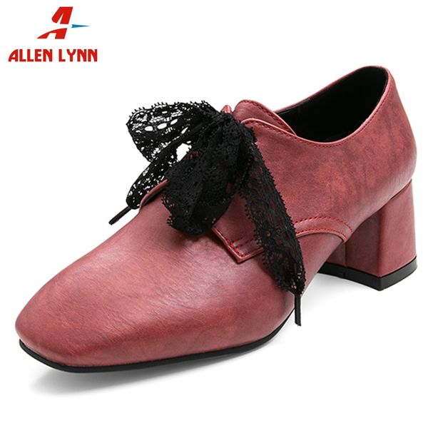 

allenlynn new plus size 30-50 lady 2020 5 cm med heel shoes woman office fashion lace-up pumps women elegant square toe pumps, Black