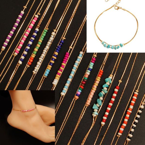 

bohemian fashion manual threading rice bead beach foot chain female fashion simple double-layer alloy foot chain wholesale, Red;blue