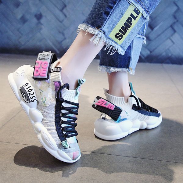 

женщины коренастого street кроссовки knit толстые soled увеличения женской кроссовки 2019 весна дышащей обуви женщины lady обувь ny-41 y2001, Black