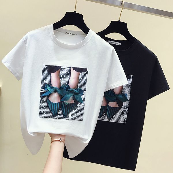 

womens t-shirt short sleeve summer ladies bow black white tshirt cotton o neck loose women summer