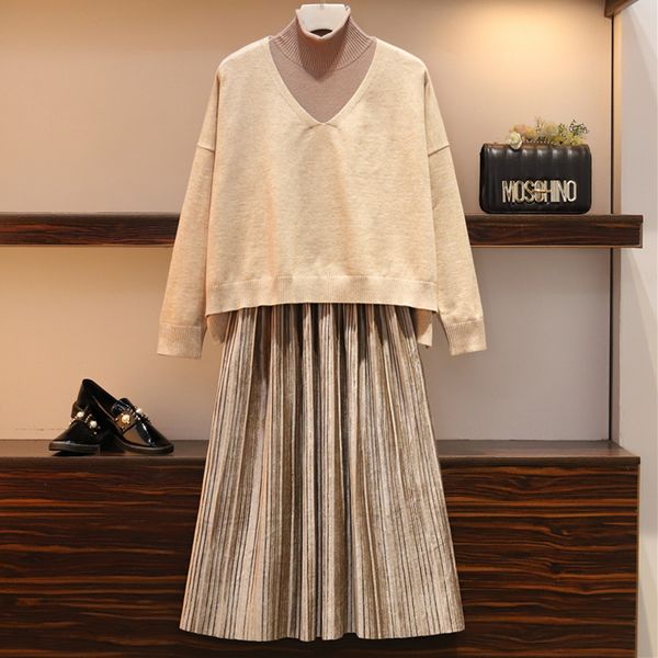 

autumn two piece set women warm suit knitted sweater and high collar pleated velvet patchwork tank dress casual plus size suit, White