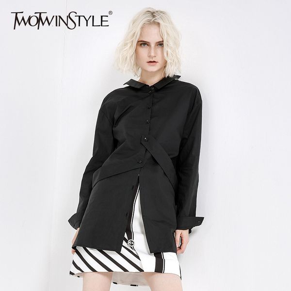 

рубашки кофточки twotwinstyle лоскутное женская нагрудные с длинным рукавом двубортный вскользь сыпучие блузки топы женская мода new 2020, White