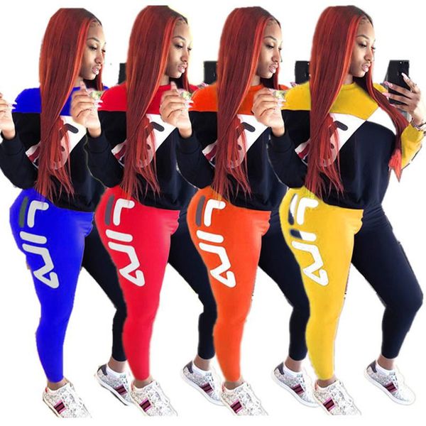 

women fa fils letter hoodies tracksuit long sleeve sweatshirt t shirt + pants leggings 2 piece set patchwork outfits autumn sportswear suit, White