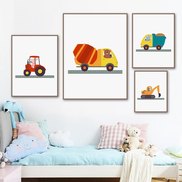 

cartoon animal transport excavator tractor nordic posters and prints wall art canvas painting wall pictures baby kids room decor