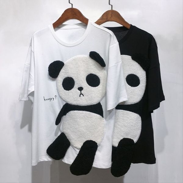 

cotton cartoon hairy panda letter 2020 loose short-sleeved female fashion cotton cartoon hairy panda letter embroidery 2020 loose short-slee, White