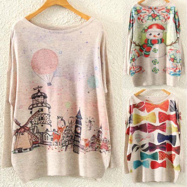 

artguy spring autumn sweaters batwing sleeve christmas print pullover jumper casual loose santa claus knit women sweater, White;black