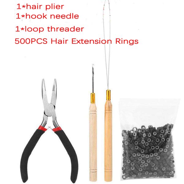

hair extension tool kit plier + pulling hook + 500 pcs link rings beads hair styling for micro rings links beads & feather hair extension