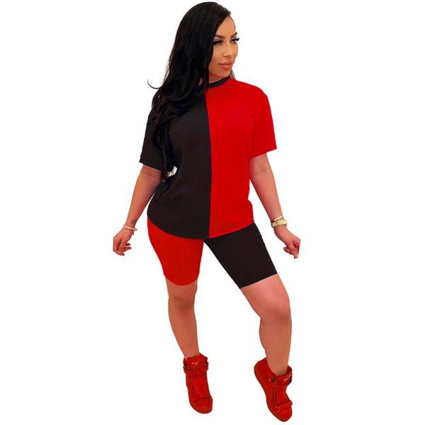 

summer women's casual patchwork color running clothes sets loose t-shirt tee +shorts sport outfits fashion clothing sets, Black;blue