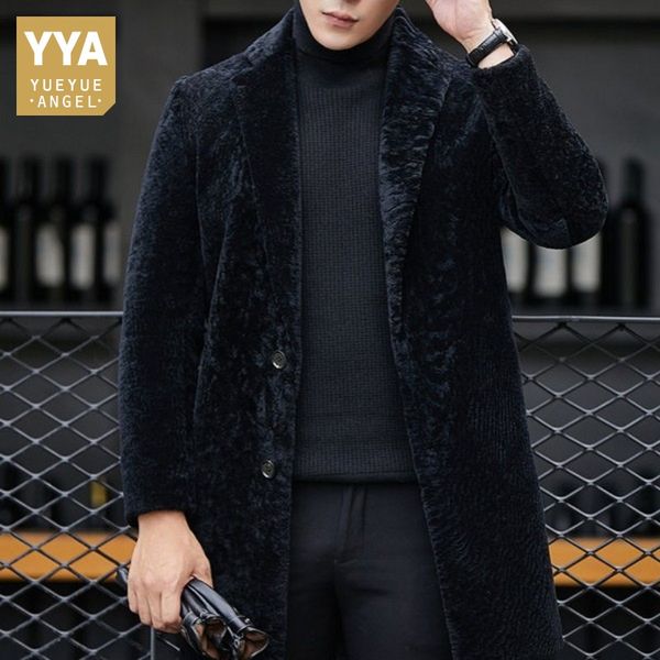 

men business shearling coat winter warm brand lapel slim real fur long overcoat black casual luxury fur outerwear plus size 4xl