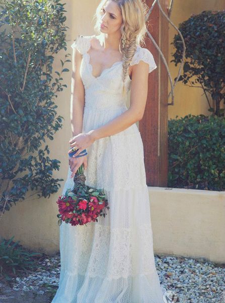 

Fitted Lace Boho Wedding Dresses With Cap Sleeves Rustic Backless Bohemian Wedding dress 2019 Summer Beach Chic Bridal Gowns