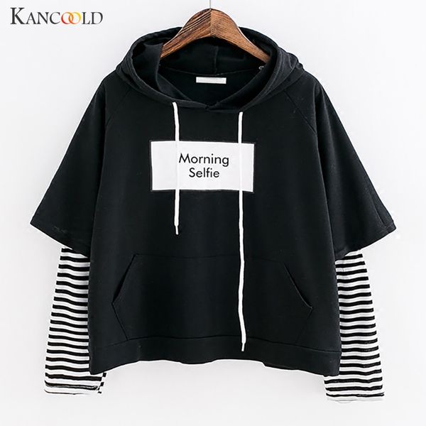 

kancoold sweatshirts morning selfie pattern shredded cord pullovers women's winter long sleeve clothing 09, Black
