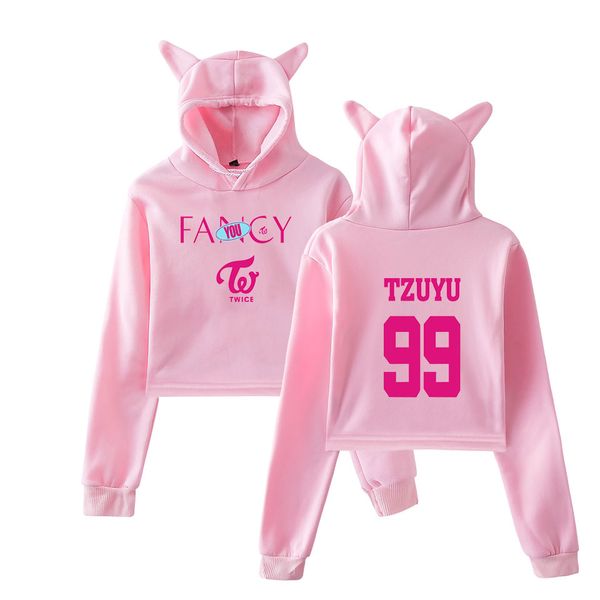 

new harajuku kawaii kpop twice fancy cropped hoodies k pop fashion crop hoodies sweatshirt summer cat ear hooded clothes, Black