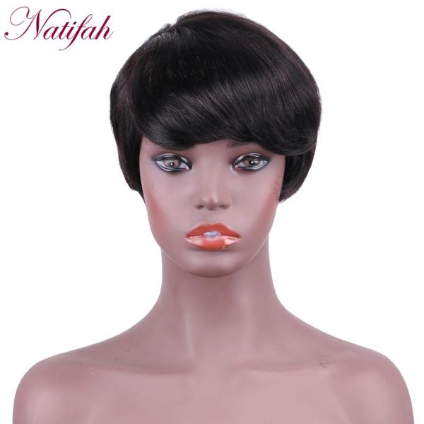 

natifah 5inch short straight hair with bangs synthetic hair lace wigs black color wigs for women