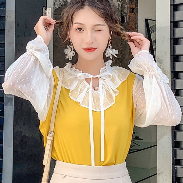 

chiffon bow ruffle autumn 2019 chiffon blouse shirts female splice camisas mujer women shirt long sleeve female blusas 265j, White