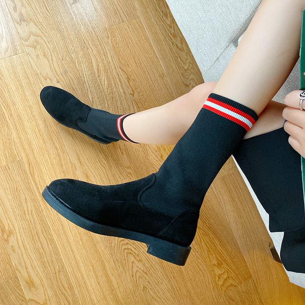 

lace up boots sock shoes round toe booties woman 2019 low heel winter footwear luxury designer boots-women clogs platform, Black