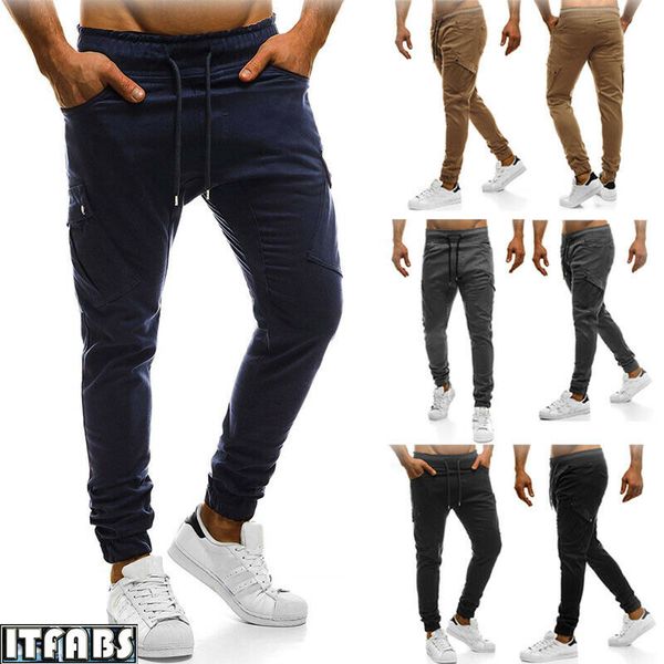 

men`s solid color sport jogging trousers casual summer gym sport combat military cargo high waist work pants